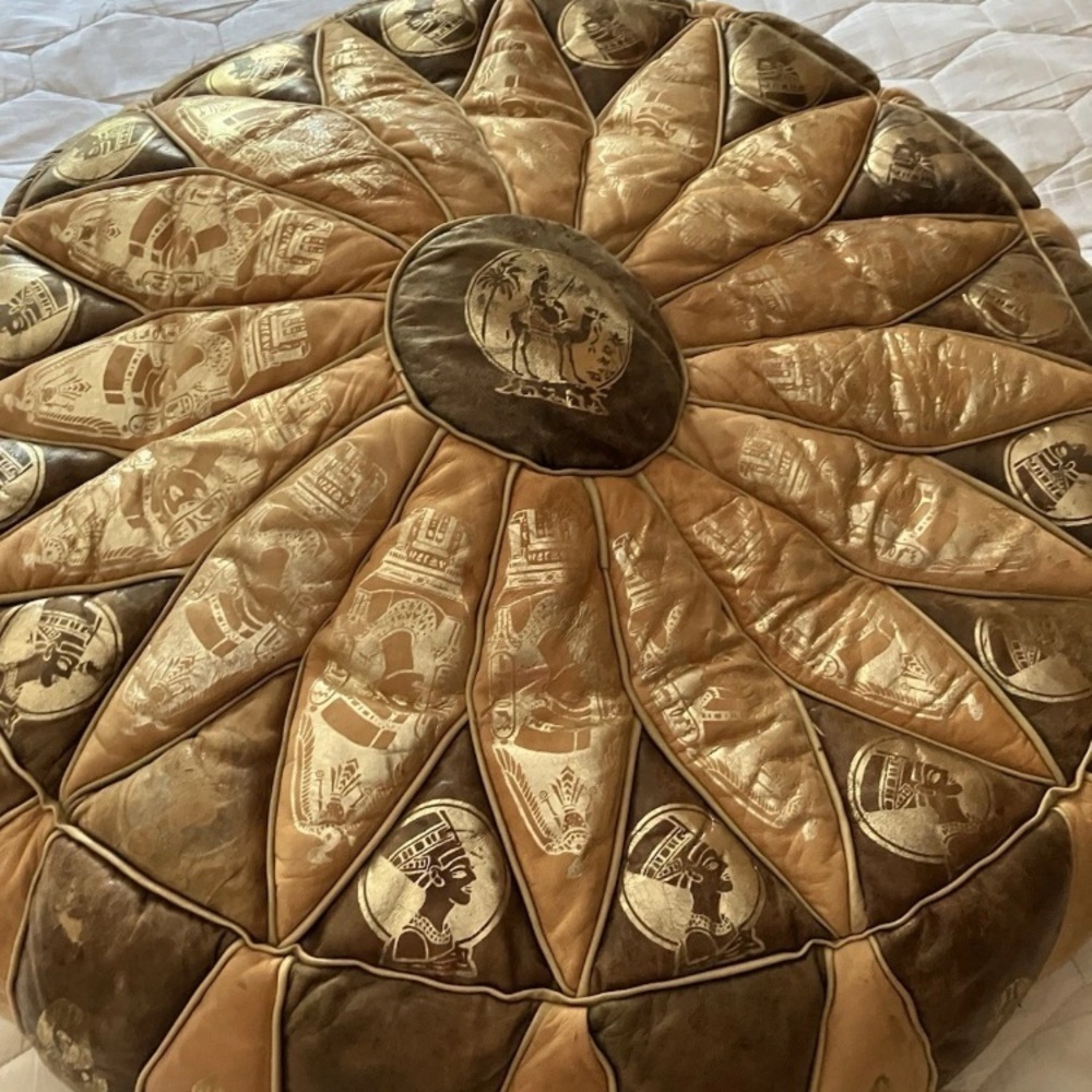 Leather pouf vintage true pouf 1920’s coarse filling Egyptian motif green gold